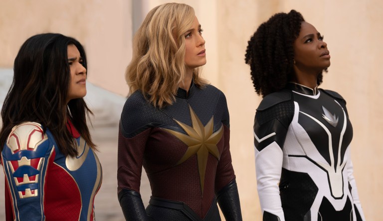 This image released by Disney shows, from left, Iman Vellani as Ms. Marvel, Brie Larson as Captain Marvel, and Teyonah Parris as Captain Monica Rambeau in a scene from 