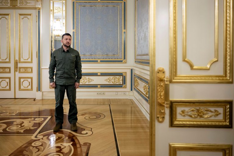 Ukraine's President Volodymyr Zelensky waits to greet U.S. Secretary of State Antony Blinken in Kyiv, Ukraine, Wednesday, Sept. 6, 2023.
