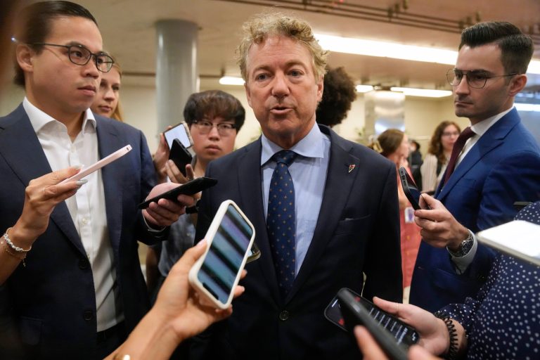 Sen. Rand Paul (R-KY) talks with reporters as he walks to a vote on Capitol Hill, Wednesday, Sept. 6, 2023, in Washington.