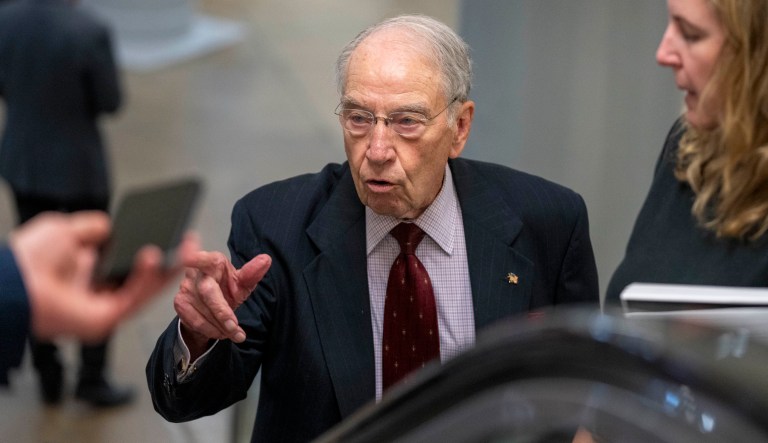 Sen. Chuck Grassley (R-IA) speaks with reporters as he heads to a vote on Capitol Hill, Wednesday, Sept. 6, 2023, in Washington.
