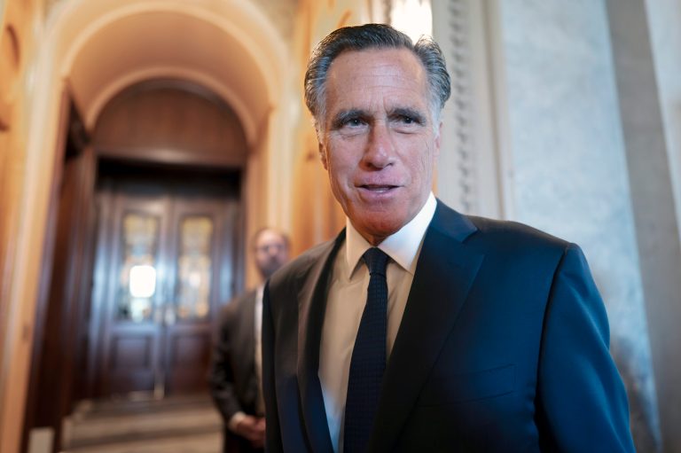 Sen. Mitt Romney (R-UT) arrives at the chamber for votes at the Capitol in Washington, Wednesday, Sept. 6, 2023.