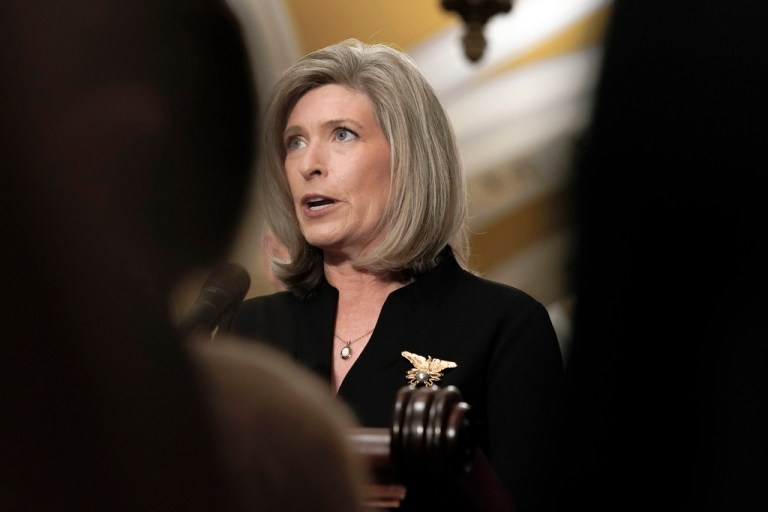 Sen. Joni Ernst (R-IA) speaks to reporters after a policy luncheon on Capitol Hill on Sept. 6, 2023, in Washington.