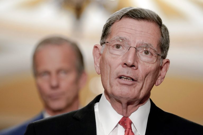 Sen. John Barrasso (R-WY) speaks to reporters after a policy luncheon on Capitol Hill, Wednesday, Sept. 6, 2023, in Washington.