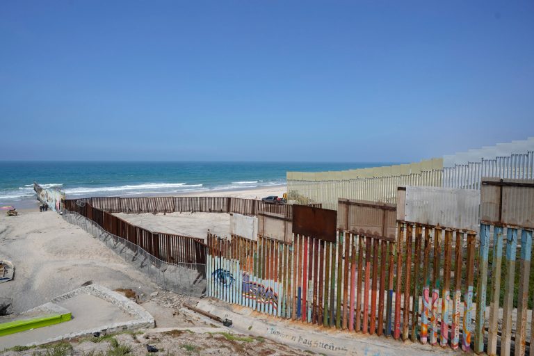 Construction continues on the border wall that separates the United States from Mexico, as seen from Tijuana, Mexico, Aug. 25, 2023. (AP Photo/Gregory Bull)