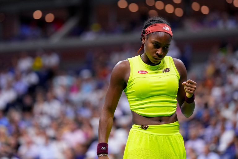 Coco Gauff, of the United States, reacts during a match against Karolina Muchova, of the Czech Republic, during the women's singles semifinals of the U.S. Open tennis championships, Thursday, Sept. 7, 2023, in New York.