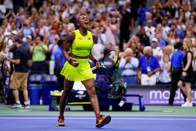 Coco Gauff, of the United States, reacts after defeating Karolina Muchova, of the Czech Republic, during the women's singles semifinals of the U.S. Open tennis championships, Thursday, Sept. 7, 2023, in New York. 