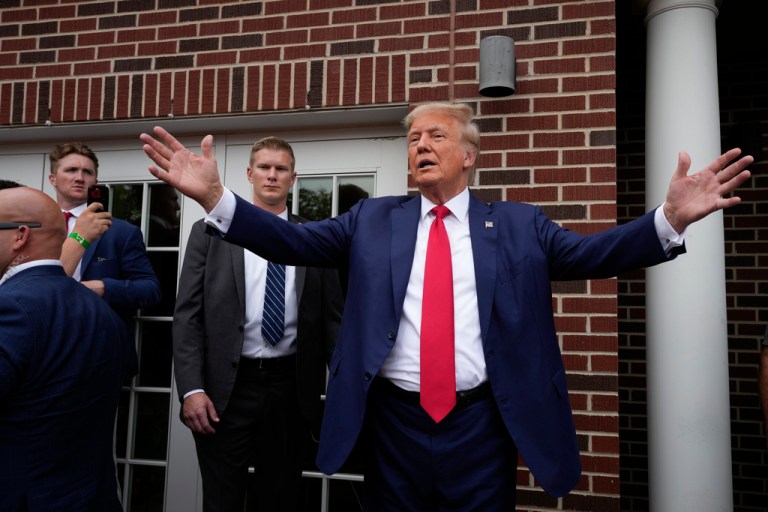 Former President Donald Trump visits the Alpha Gamma Rho, agricultural fraternity, at Iowa State University before an NCAA college football game between Iowa State and Iowa, Saturday, Sept. 9, 2023, in Ames, Iowa.
