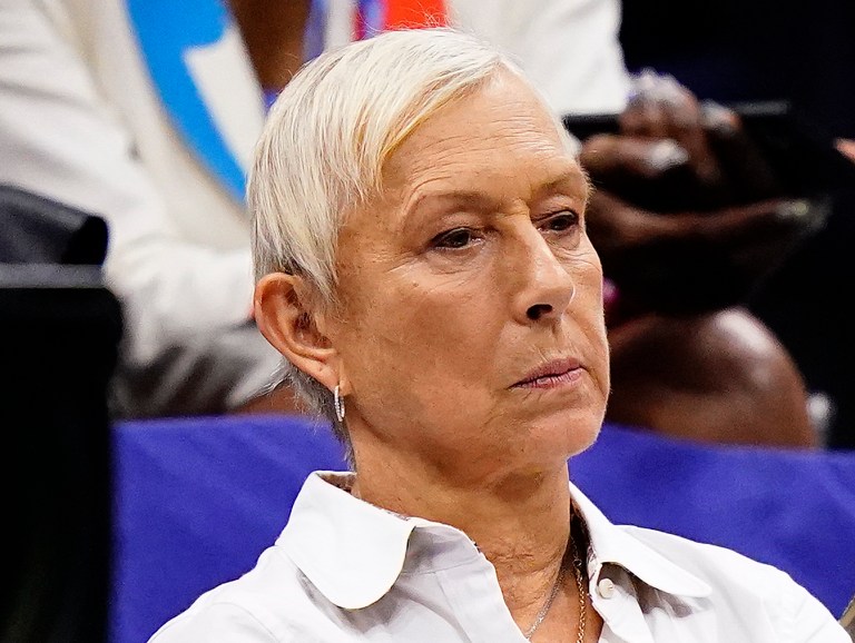 Martina Navratilova, left, watches play between Coco Gauff, of the United States, and Aryna Sabalenka, of Belarus, during the women's singles final of the U.S. Open tennis championships, Saturday, Sept. 9, 2023, in New York.
