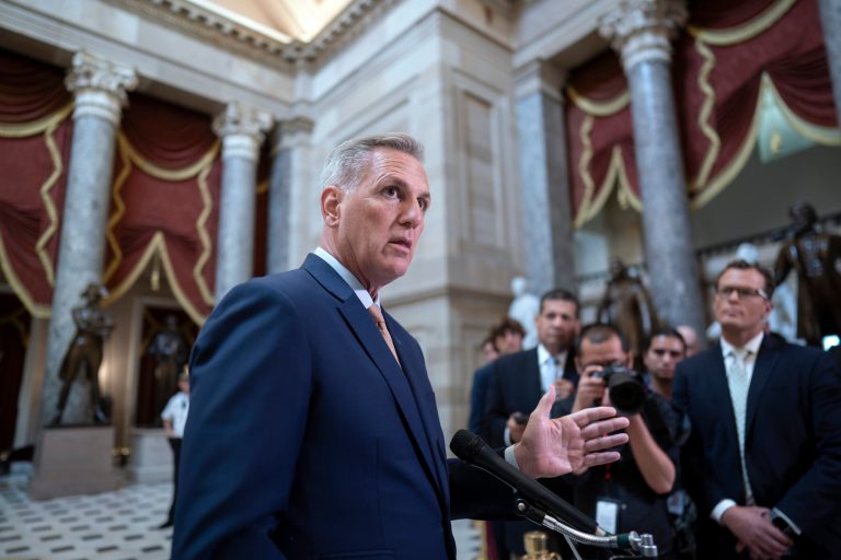 Speaker of the House Kevin McCarthy (R-CA) talks to reporters at the Capitol in Washington, D.C., on July 17, 2023. (AP Photo/J. Scott Applewhite)