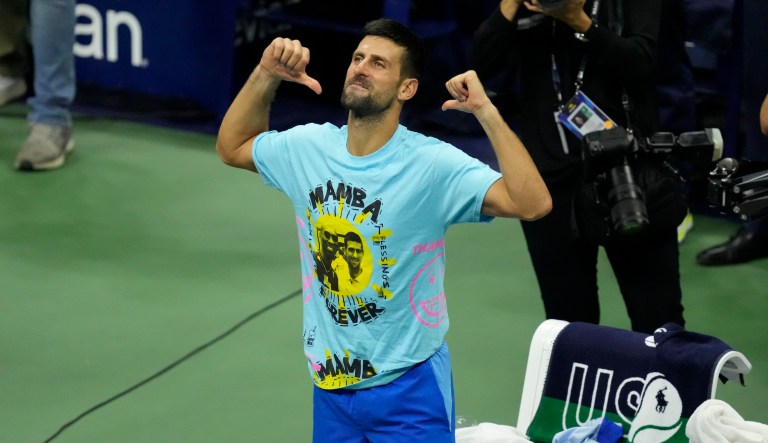 Novak Djokovic, of Serbia, reacts after defeating Daniil Medvedev, of Russia, in the men's singles final of the U.S. Open tennis championships, Sunday, Sept. 10, 2023, in New York.