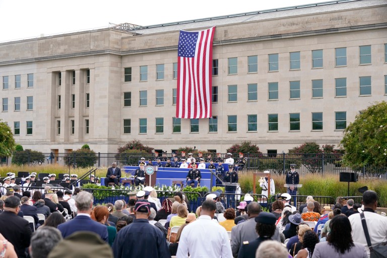 Secretary of Defense Lloyd Austin and Chairman of the Joint Chiefs Gen. Mark Milley host an observance ceremony at the National 9/11 Pentagon Memorial in honor of the 184 people killed in the 2001 terrorist attack on the Pentagon, Monday, Sept. 11, 2023, in Washington.