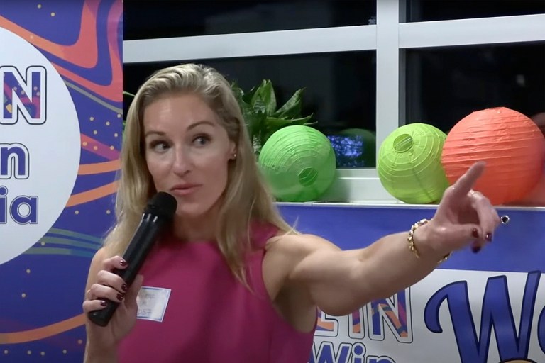 In this image taken from a video, Virginia legislative candidate Susanna Gibson addresses the Women's Summit in Virginia Beach in September 2022.