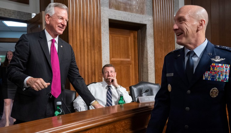 Sen. Tommy Tuberville, R-Ala., left, is greeted by Gen. David Allvin during a Senate Armed Services Committee nominations hearing on Tuesday, Sept. 12, 2023, on Capitol Hill in Washington. 
