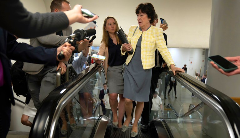 Sen. Susan Collins, R-Maine, speaks with reporters as she arrives for a vote on Capitol Hill, Tuesday, Sept. 12, 2023 in Washington.
