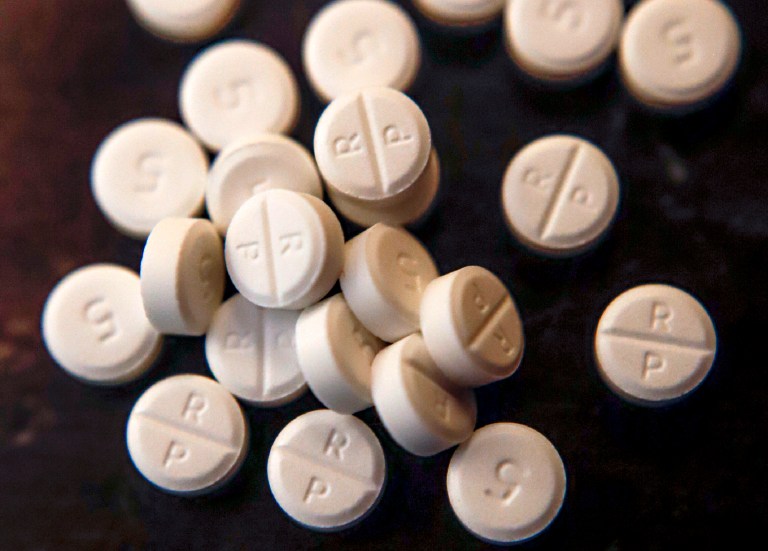 A number of 5 mg pills of Oxycodone are displayed on June 17, 2019. Data released Tuesday, Sept. 12, 2023, shows that the number of prescription pills shipped in the U.S. continued to decline through the end of the 2010s, even as the overdose crisis deepened due to illicit opioids.