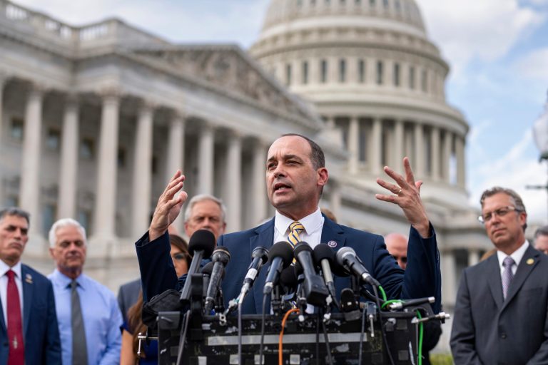 Rep. Bob Good, R-Va., and members of the conservative House Freedom Caucus hold a news event outside the Capitol in Washington, Tuesday, Sept. 12, 2023, as Congress faces a deadline to fund the government by the end of the month, or risk a potentially devastating federal shutdown. (AP Photo/J. Scott Applewhite)