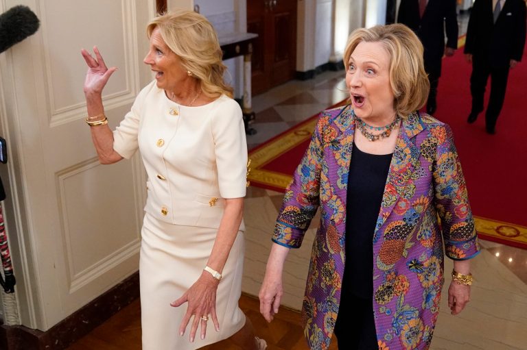 First lady Jill Biden and former Secretary of State Hillary Clinton arrive to speak during an event to celebrate the 2023 Praemium Imperiale Laureates.