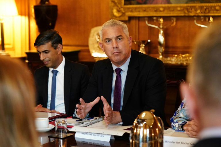 Britain's Prime Minister Rishi Sunak, left, and Health and Social Care Secretary Steve Barclay host a roundtable meeting in 10 Downing Street, in London on Wednesday, Sept. 13, 2023.