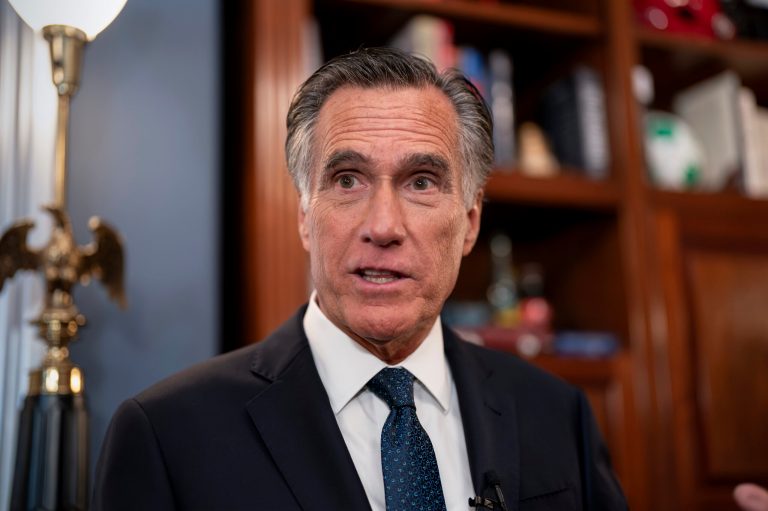 Sen. Mitt Romney (R-UT) says he will not run for reelection in 2024, as he speaks to reporters in his Capitol Hill office in Washington, Wednesday, Sept. 13, 2023. The 76-year-old easily won election in reliably GOP Utah in 2018 but was expected to face more resistance from his own party after he emerged as one of the most visible members to break with former President Donald Trump.