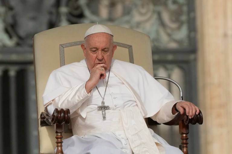 Pope Francis attends the weekly general audience in St. Peter's at the Vatican on Wednesday, Sept. 13, 2023. Pope Francis will discuss how to address the worldâs pressing issues with former President Bill Clinton to open this yearâs Clinton Global Initiative, organizers announced Thursday.