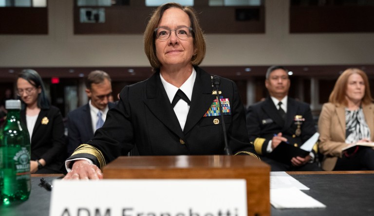 Navy Adm. Lisa Franchetti takes her seat to attend a Senate Armed Services Committee hearing on her nomination for reappointment to the grade of admiral and to be chief of naval operations, Thursday, Sept. 14, 2023, on Capitol Hill in Washington.
