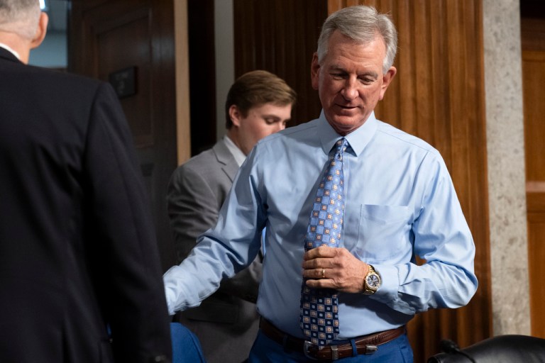 Sen. Tommy Tuberville, R-Ala., arrives for a Senate Armed Services Committee hearing on Navy Adm. Lisa Franchetti's nomination for reappointment to the grade of admiral and to be Chief of Naval Operations, Thursday, Sept. 14, 2023, on Capitol Hill in Washington. 