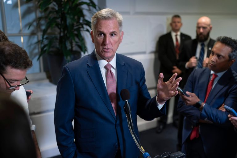 Speaker of the House Kevin McCarthy (R-CA) talks to reporters about avoiding a government shutdown and launching an impeachment inquiry into President Joe Biden, following a closed-door meeting with fellow Republicans at the Capitol in Washington, Thursday, Sept. 14, 2023.