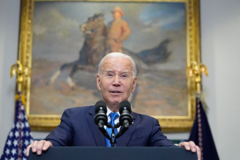President Joe Biden speaks about the auto workers strike from the Roosevelt Room of the White House in Washington on Friday, Sept. 15, 2023. 