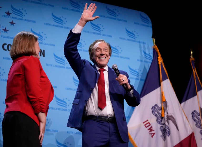 Republican presidential candidate and author Perry Johnson speaks at the Iowa Faith & Freedom Coalition's fall banquet, Saturday, Sept. 16, 2023, in Des Moines, Iowa.