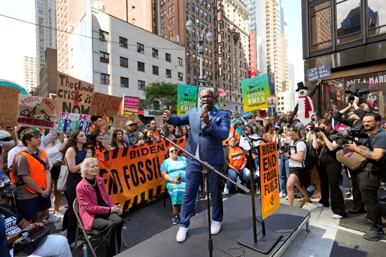 Rep. Jamaal Bowman (D-NY) speaks at a press conference ahead of the March to End Fossil Fuels on Sunday, Sept. 17, 2023, in New York.