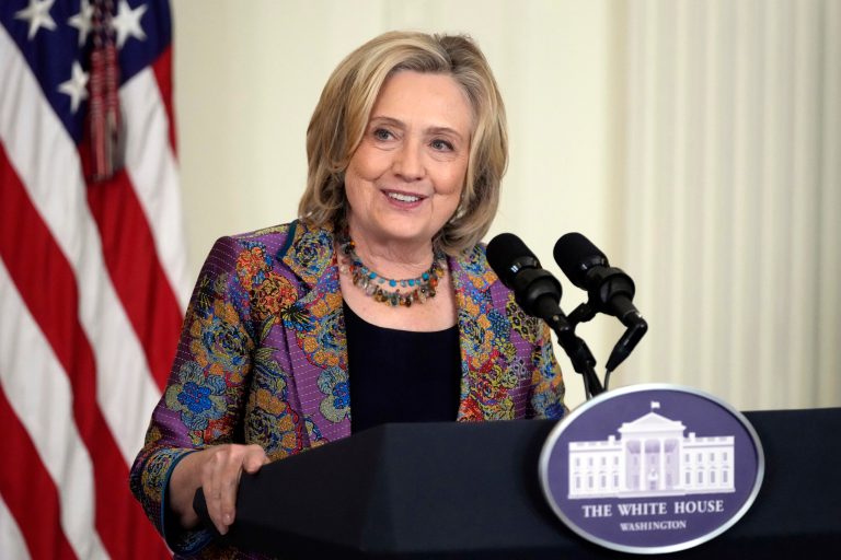 FILE - Former Secretary of State Hillary Clinton speaks during an event in the East Room of the White House, Tuesday, Sept. 12, 2023, in Washington. (AP Photo/Alex Brandon, File)