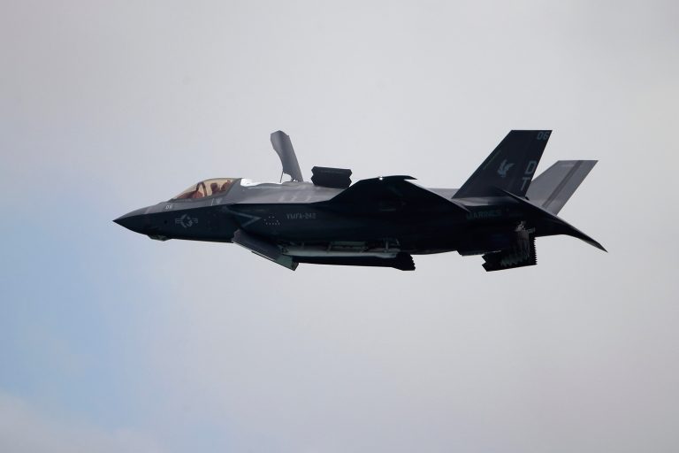 FILE - A United States Marine Corps F-35B Lightning II takes part in an aerial display during the Singapore Airshow 2022 at Changi Exhibition Centre in Singapore, Feb. 15, 2022. 