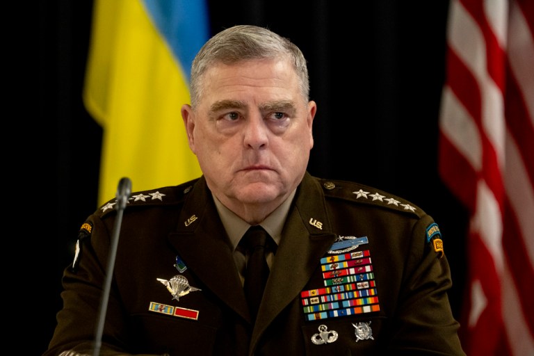 Army Gen. Mark Milley, chairman of the Joint Chiefs of Staff, attends the meeting of the 'Ukraine Defense Contact Group' at Ramstein Air Base in Ramstein, Germany, Tuesday, Sept. 19, 2023.