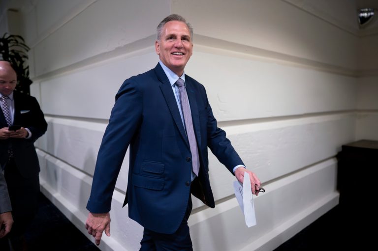 House Speaker Kevin McCarthy (R-CA) strides to a closed-door Republican Conference meeting on how to agree on a path to funding the government at the Capitol in Washington, Tuesday, Sept. 19, 2023. 