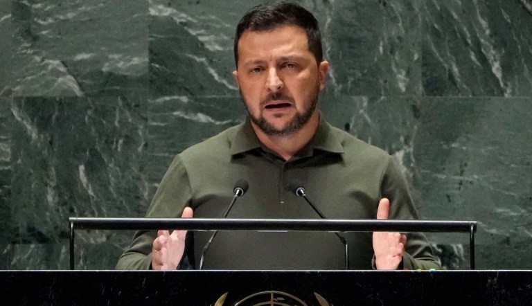 Ukrainian President Volodymyr Zelensky addresses the 78th session of the United Nations General Assembly, Tuesday, Sept. 19, 2023.