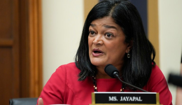 Rep. Pramila Jayapal (D-WA) speaks to Attorney General Merrick Garland as he appears before a House Judiciary Committee hearing on Wednesday, Sept. 20, 2023, on Capitol Hill in Washington.