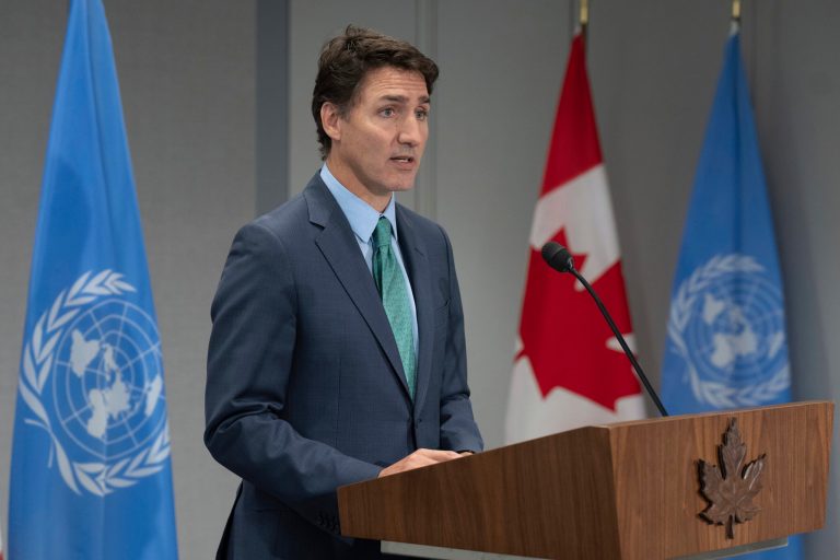 Canada Prime Minister Justin Trudeau speaks during a news conference at the Canadian Permanent Mission in New York on Thursday, Sept. 21, 2023.