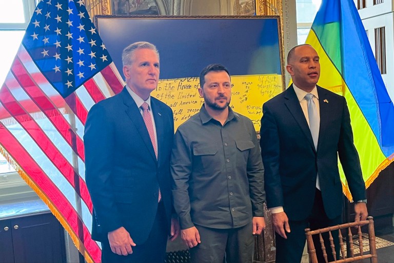 Ukrainian President Volodymyr Zelenskyy, center, poses for a photo with House Speaker Kevin McCarthy of Calif., left, and House Minority Leader Hakeem Jeffries of N.Y., at a closed-door meeting with members of Congress on Capitol Hill in Washington, Thursday, Sept. 21, 2023. 