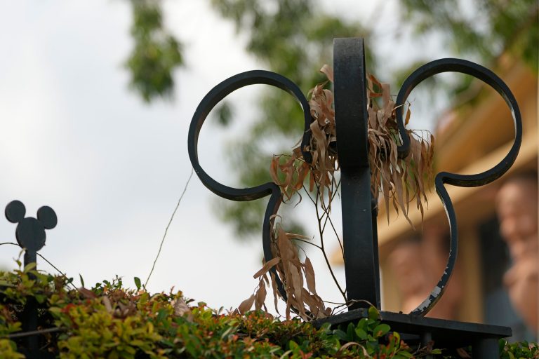 Dry vegetation hangs from the Mickey Mouse-themed gates of the Walt Disney Studios in Burbank, California, on Thursday, Sep. 21, 2023.