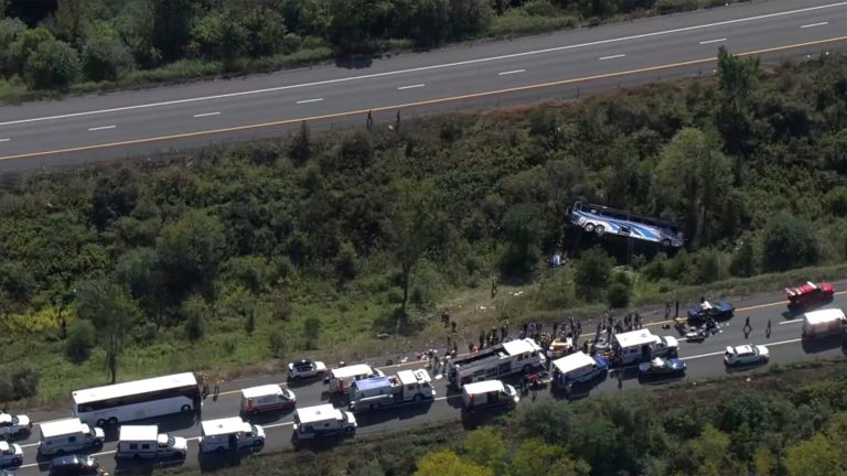 Emergency responders work the scene of a fatal bus crash in Wawayanda, New York, Thursday, Sept. 21, 2023. 