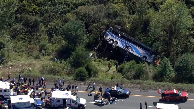 Emergency responders work the scene of a fatal bus crash, in Wawayanda, New York, Thursday, Sept. 21, 2023. 