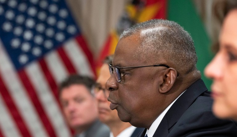 Secretary of Defense Lloyd Austin speaks during a meeting with Mozambique's President Filipe Nyusi at the Pentagon, Friday, Sept. 22, 2023, in Washington.