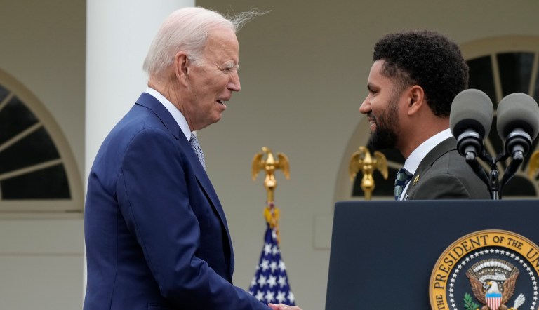 President Joe Biden shakes hands with Rep. Maxwell Frost (D-FL) during an event about gun safety on Friday, Sept. 22, 2023, in the Rose Garden of the White House in Washington.