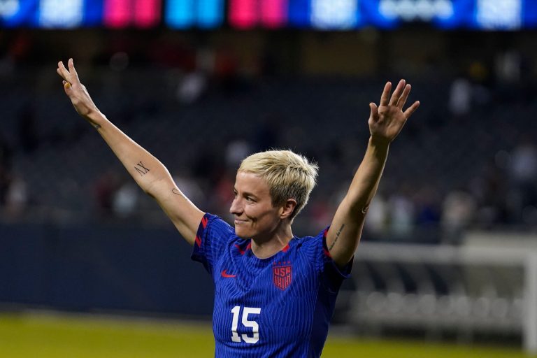 United States forward Megan Rapinoe leaves the field after a soccer game against South Africa and a special ceremony Sunday, Sept. 24, 2023, in Chicago.