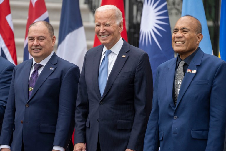 President Joe Biden, center, stands with Cook Islands Prime Minister Mark Stephen Brown, left, and Kiribati's President Taneti Maamau during a group photo with Pacific Islands Forum leaders at the White House in Washington, Monday, Sept. 25, 2023.