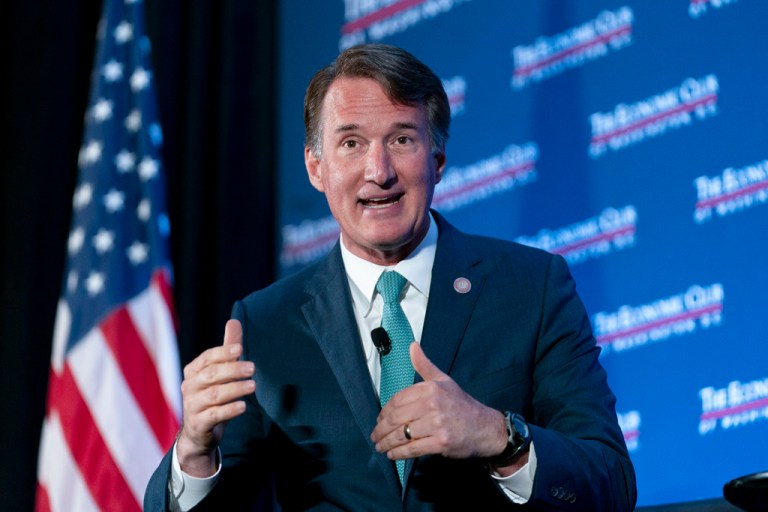 Gov. Glenn Youngkin (R-VA) speaks to David Rubenstein during an interview hosted by the Economic Club of Washington, Tuesday, Sept. 26, 2023, in Washington.