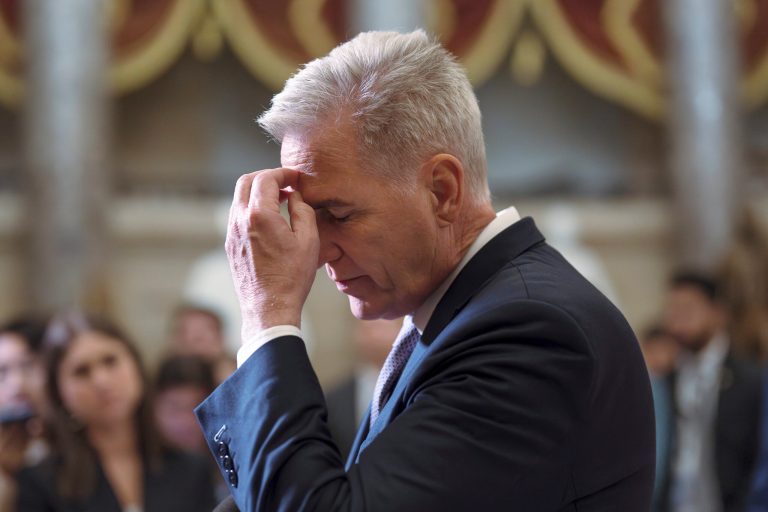 House Speaker Kevin McCarthy (R-CA) talks to reporters just after voting to advance appropriations bills on the House floor, at the Capitol in Washington, Tuesday night, Sept. 26, 2023.
