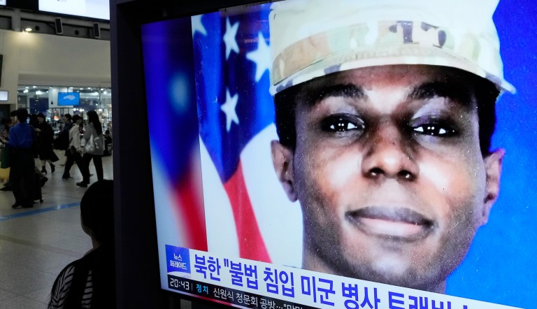 A TV screen shows a file image of American soldier Travis King during a news program at the Seoul Railway Station in Seoul, South Korea, Wednesday, Sept. 27, 2023. North Korea said Wednesday that it will expel King, who crossed into the country through the heavily armed border between the Koreas in July.