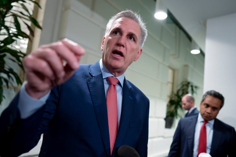 Following a closed-door Republican strategy session, House Speaker Kevin McCarthy (R-CA) talks to reporters about updates on funding the government and averting a shutdown, at the Capitol in Washington, Wednesday, Sept. 27, 2023.