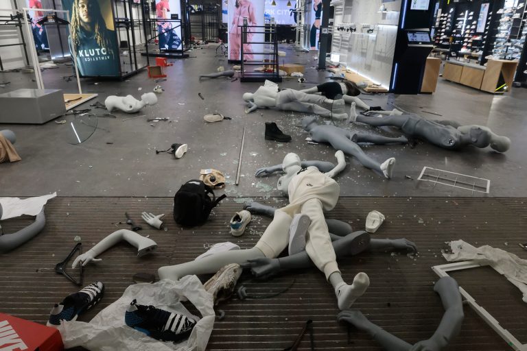 A retail shop was damaged on Wednesday, Sept. 27, 2023, in Philadelphia as a flash mob-style ransacked and vandalized downtown stores Tuesday night.
